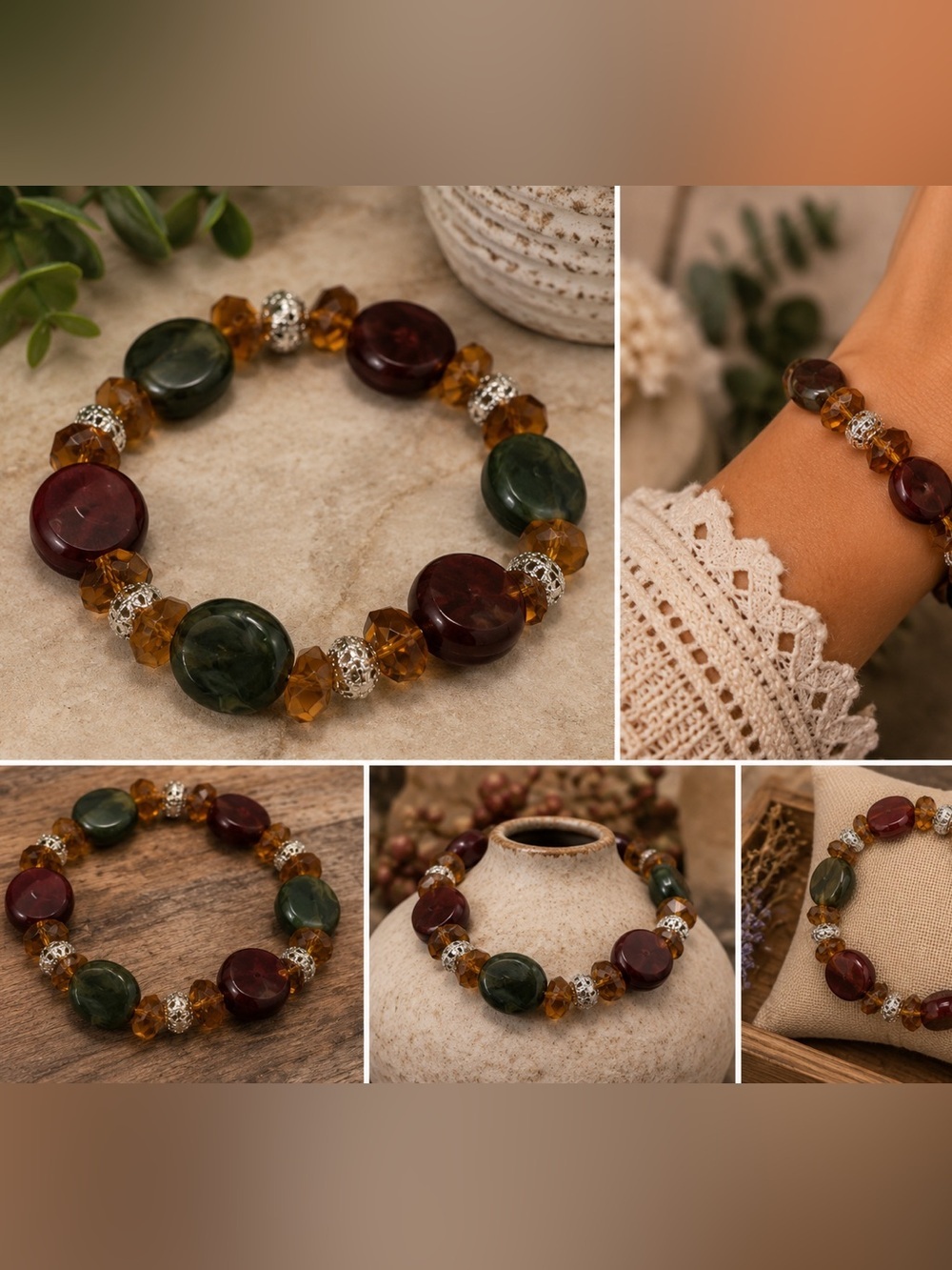Earth Tone Beaded Stretch Bracelet | Red Green Amber Silver Accent | Boho